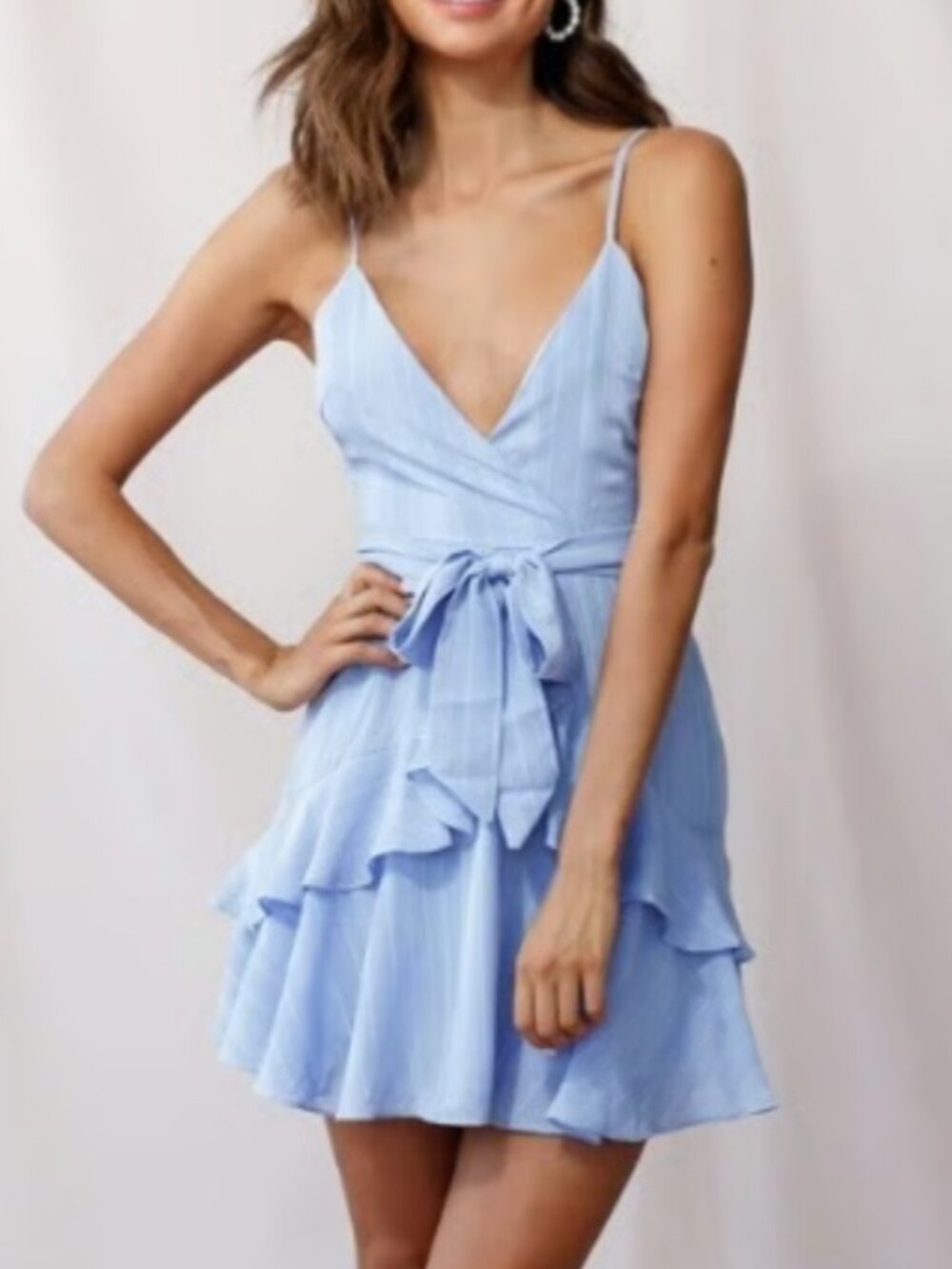 Selfie Leslie Steel Blue Ruffle Wrap Mini Dress Size Small